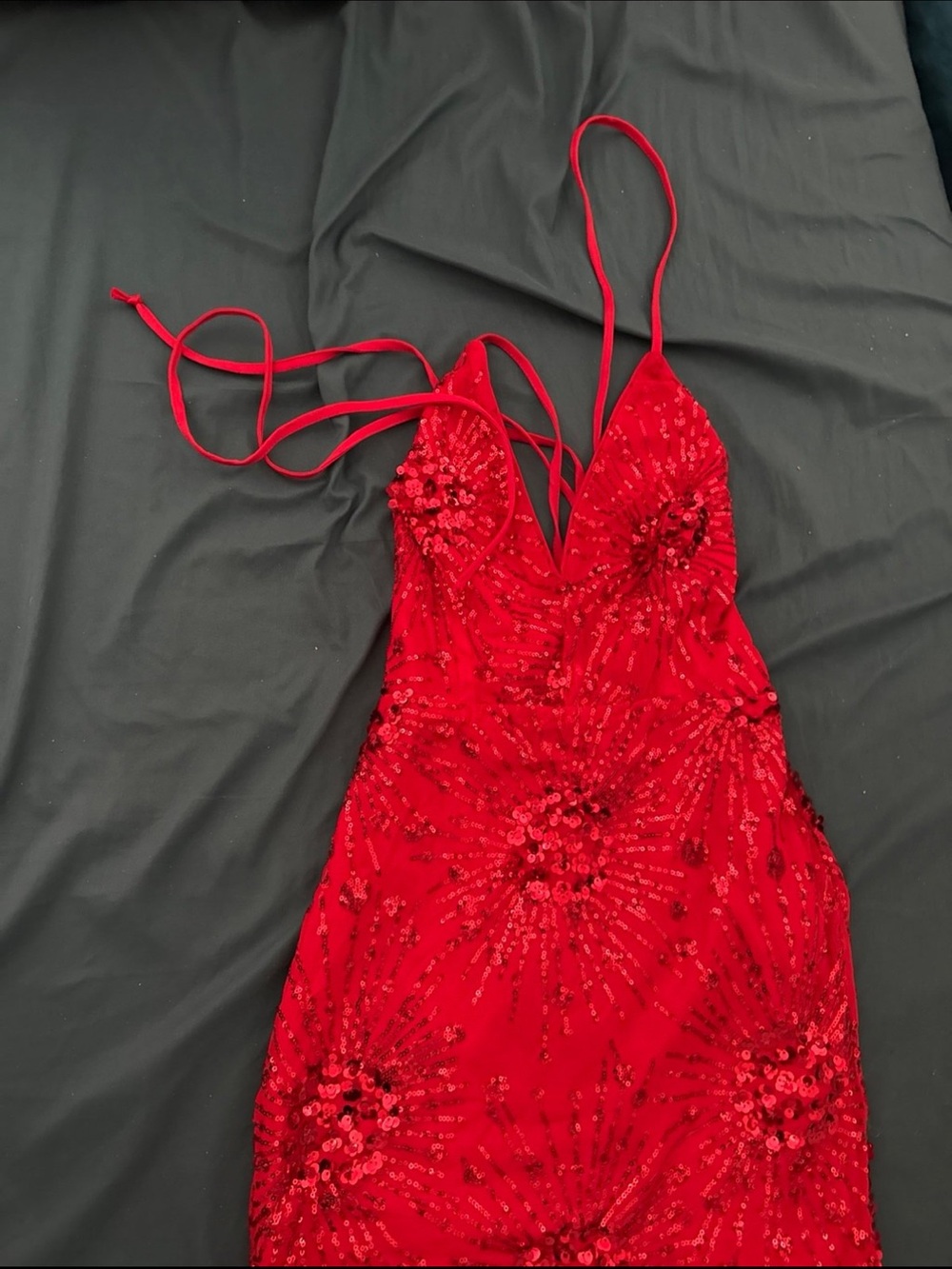 Red Sequin Spaghetti-Strap Evening Dress